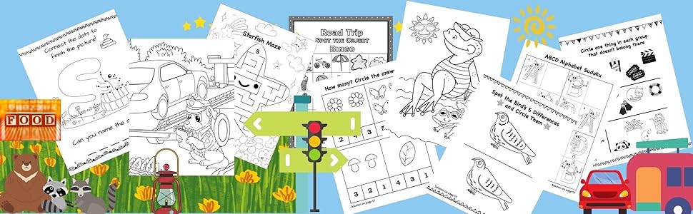 Road trip fun puzzles games coloring activities for to year old kids mazes coloring pages dot to dot alphabet practice picture and kids road trip activity