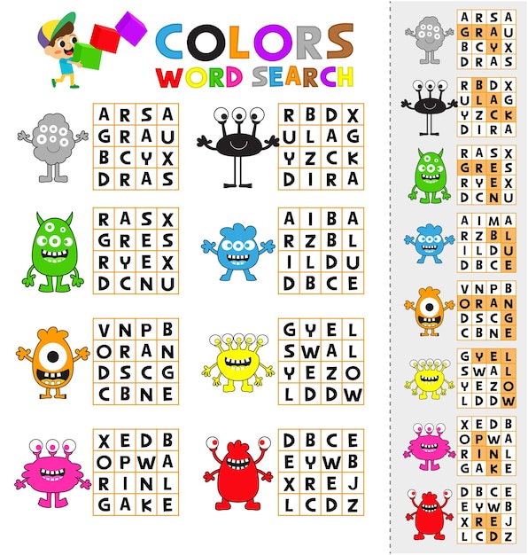 Premium vector printable colors worksheet for kids color matching page colors crossword puzzle