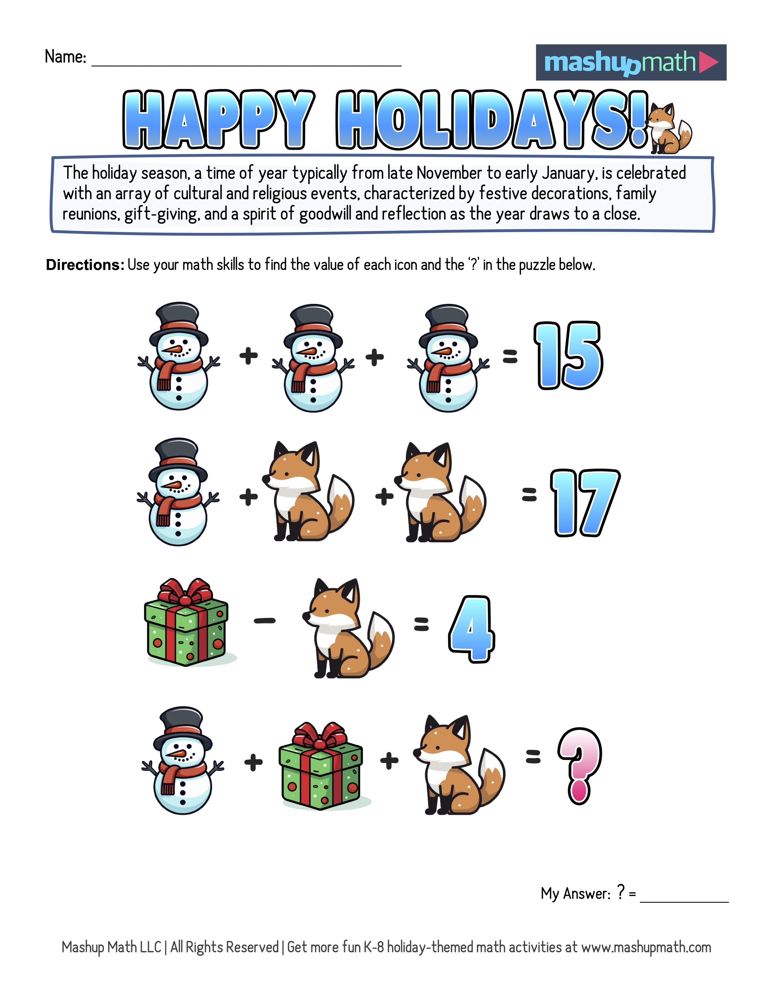 Days of holiday math puzzlesâprintable k