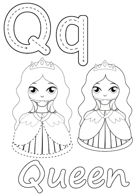 Premium vector coloring pages of queen and the letter q suitable for use in childrens coloring books