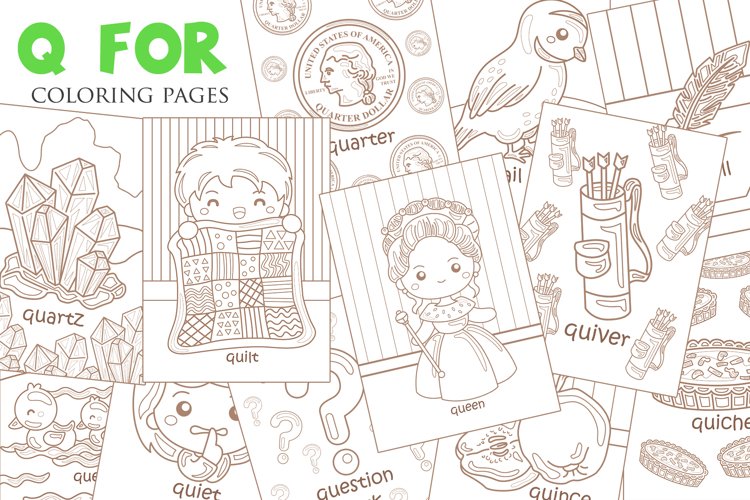 Alphabet q for vocabulary reading lesson kids coloring set