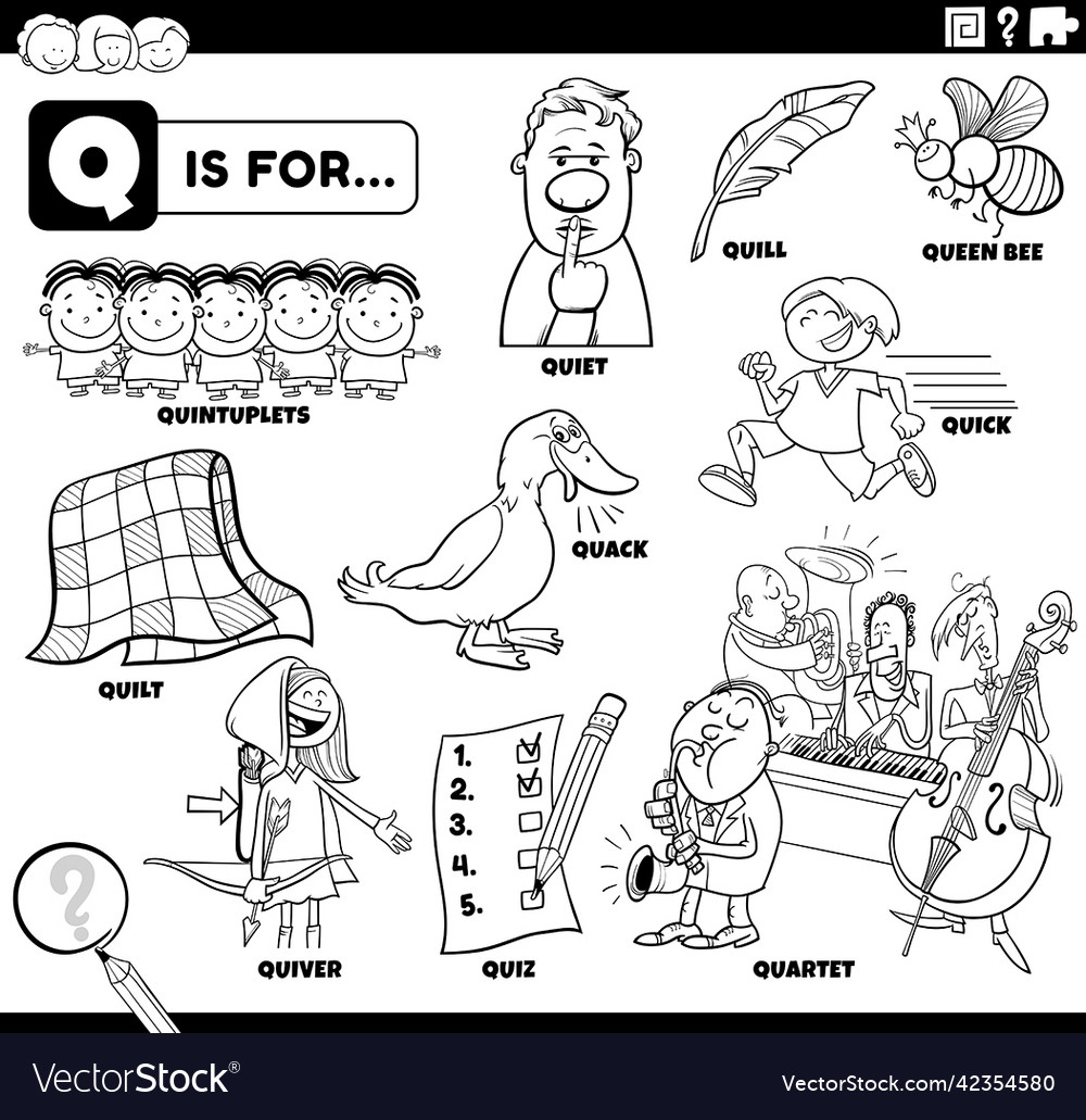 Letter q words educational set coloring book page vector image