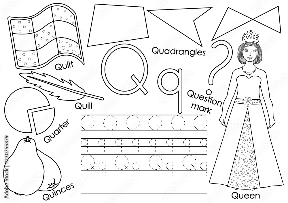Letter q learning english alphabet writing practice of capital and small letters coloring book vector illustration vector