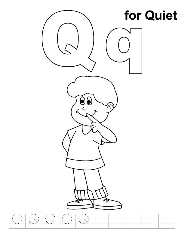Q for quiet colorg page with handwritg practice kids handwritg practice alphabet crafts preschool colorg pages