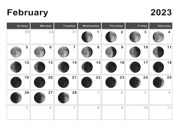 Febrero calendario lunar ciclos lunar fas lunar foto premium