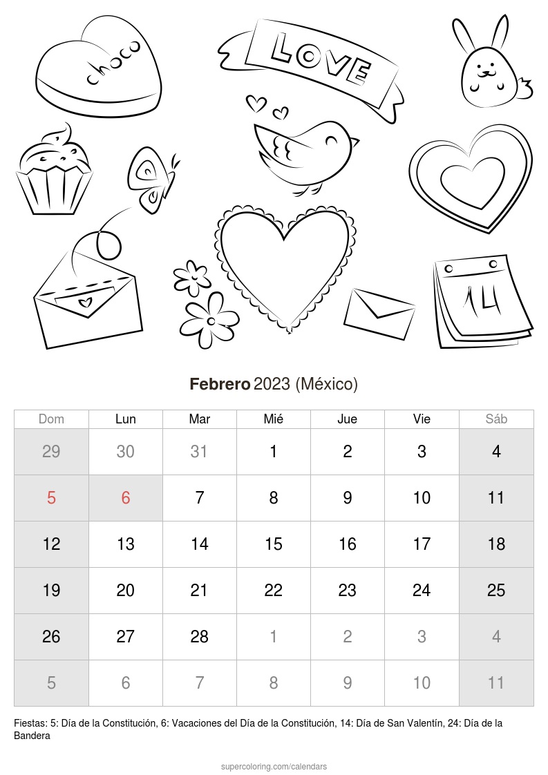 Calendario febrero para imprimir mãxico