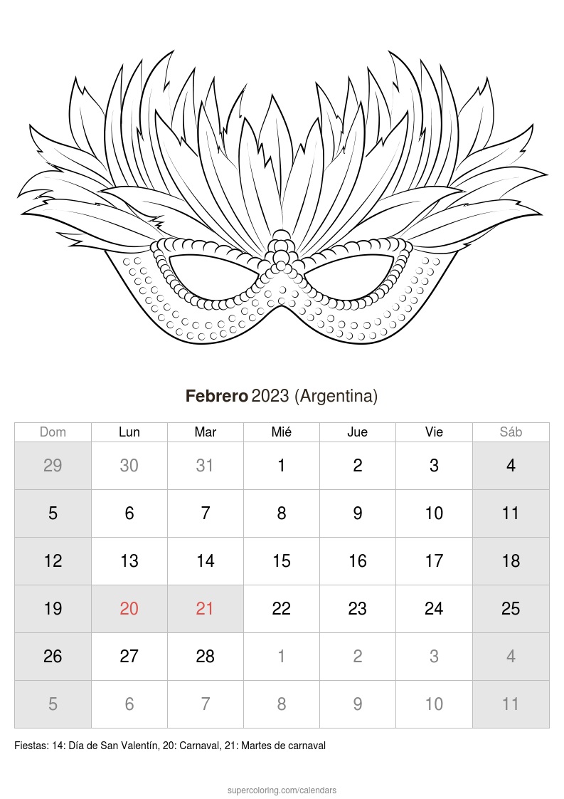 Calendario febrero para imprimir argentina