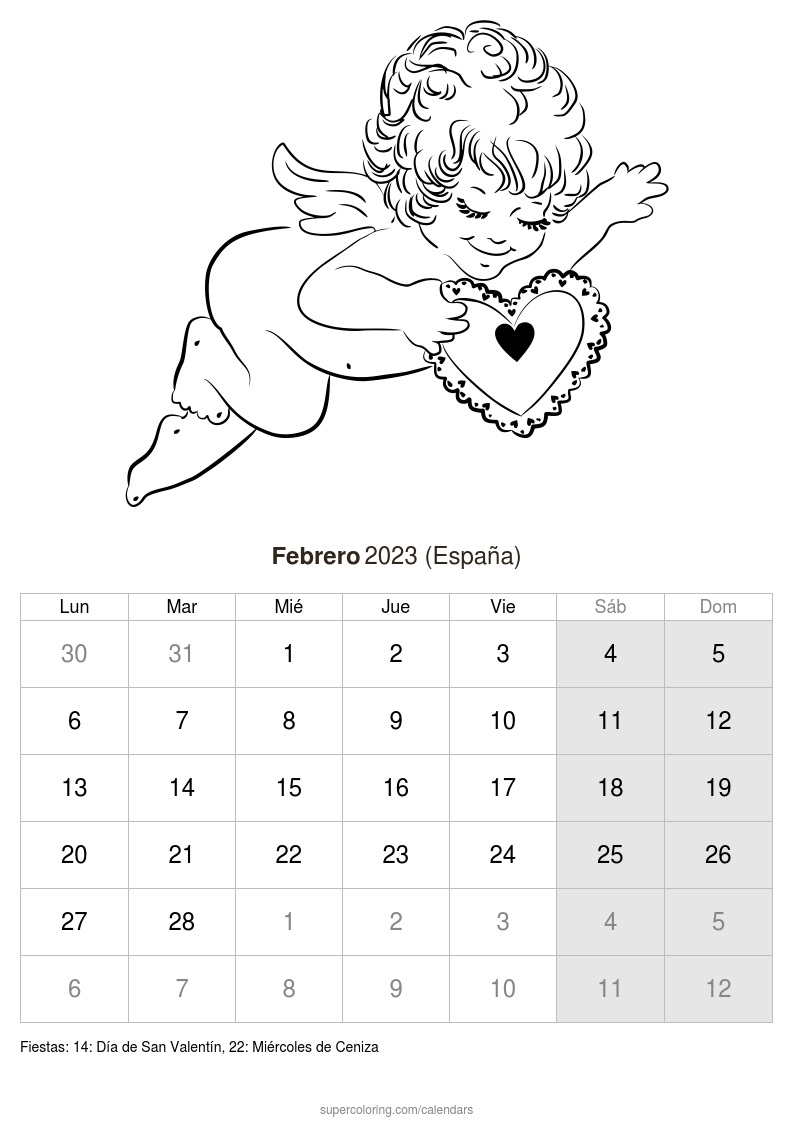 Calendario febrero para imprimir espaãa