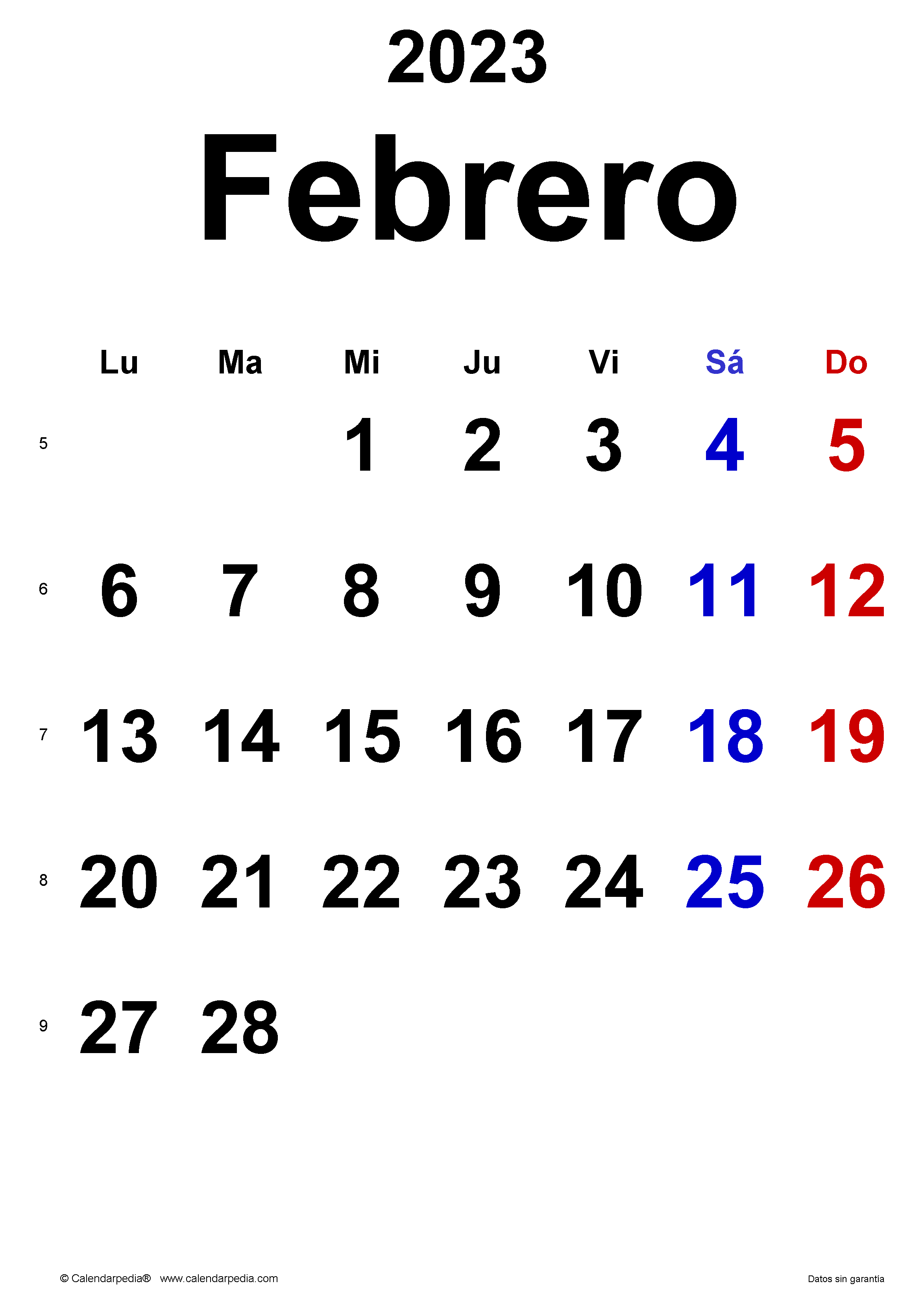 Calendario febrero en word excel y pdf