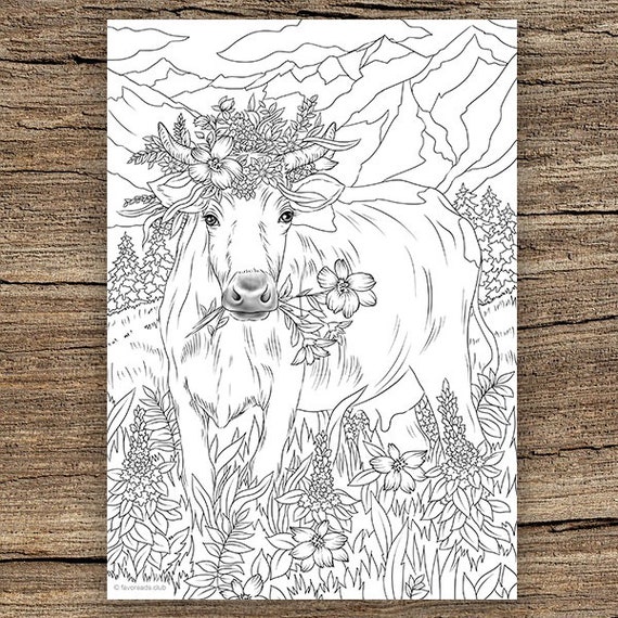 Vaca en flores pãgina para colorear imprimible para adultos de favoreads pãginas de libros para colorear para adultos y niãos hojas para colorear diseãos para colorear