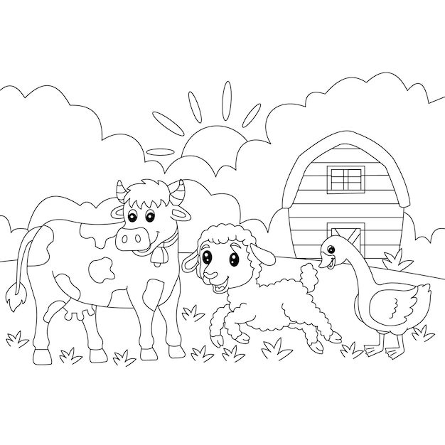 Premium vector cow and sheep coloring page with background
