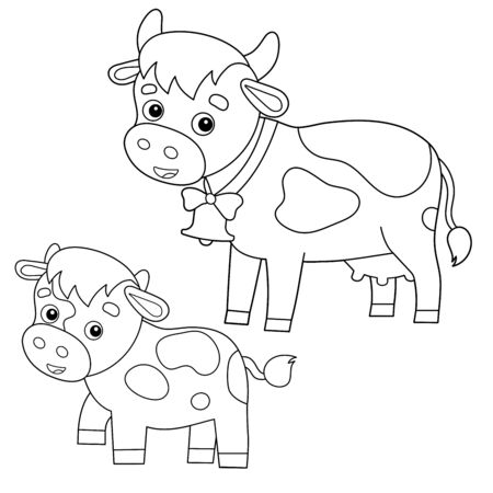 Coloring page outline of cartoon cow with calf farm animals coloring book for kids