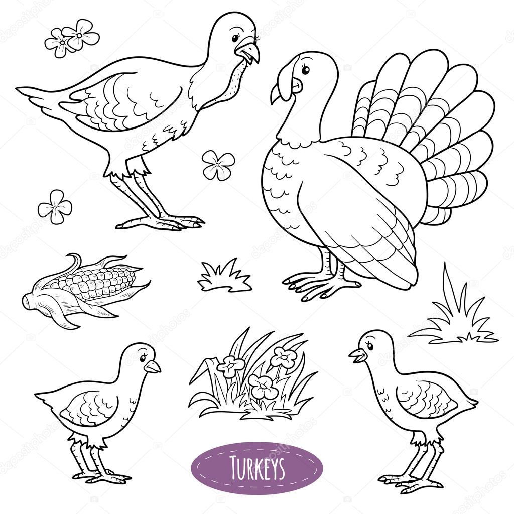 Conjunto de animales de granja y objetos lindos pavos de la familia de vectores vector de stock por ksenyasavva