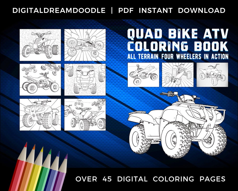 Atv coloring book quad bike coloring book all terrain four wheeler coloring book wheeler motorcycle coloring pages digital download