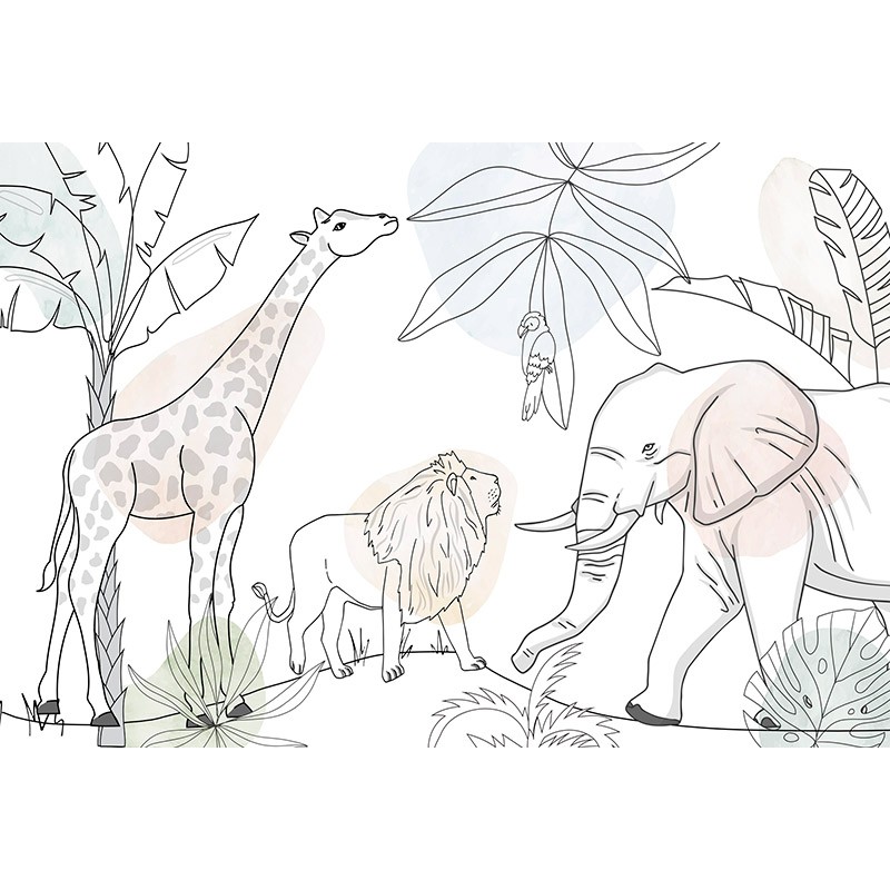 Mural infantil selva linial amb animals i plantes salvatges il