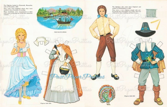 Vintage paper dolls colonial america c pdf printable instant digital download pilgrim quaker couple authentic period costumes
