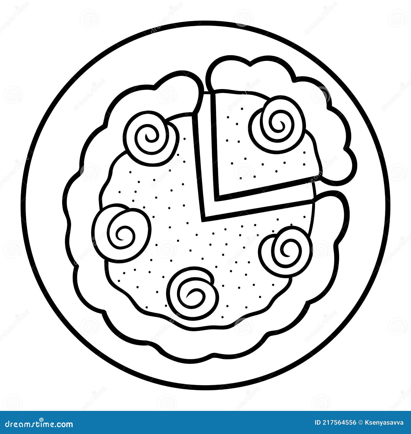Coloring book for kids quarter pie on a plate stock vector