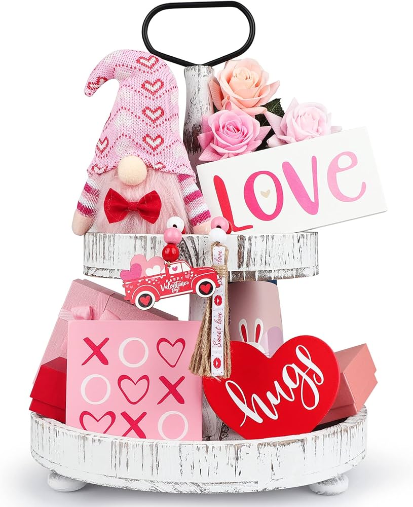 Boribim decoraciãn para el dãa de san valentãn decoraciãn de bandeja escalonada para el dãa de san valentãn letreros de madera xo love hugs lindos gnomos de felpa con guirnalda de