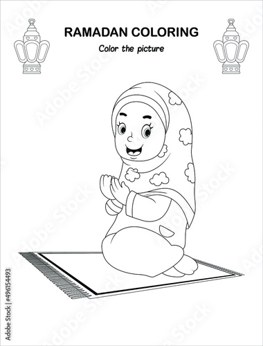 A muslim girl in hijab cartoon ramadan children coloring book pages islamic month ramadan worksheet sketch outline black and white pages kids education vector illustration vector