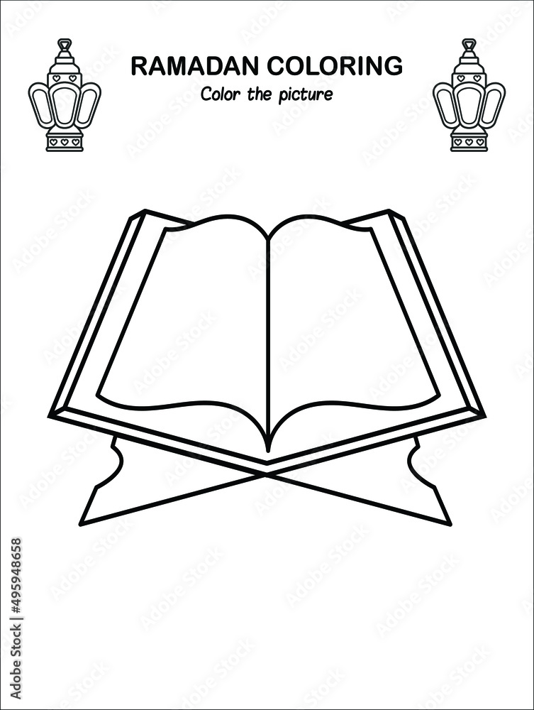Muslim holy book quran children coloring book pages islamic month ramadan worksheet sketch outline black and white pages kids education vector illustration vector