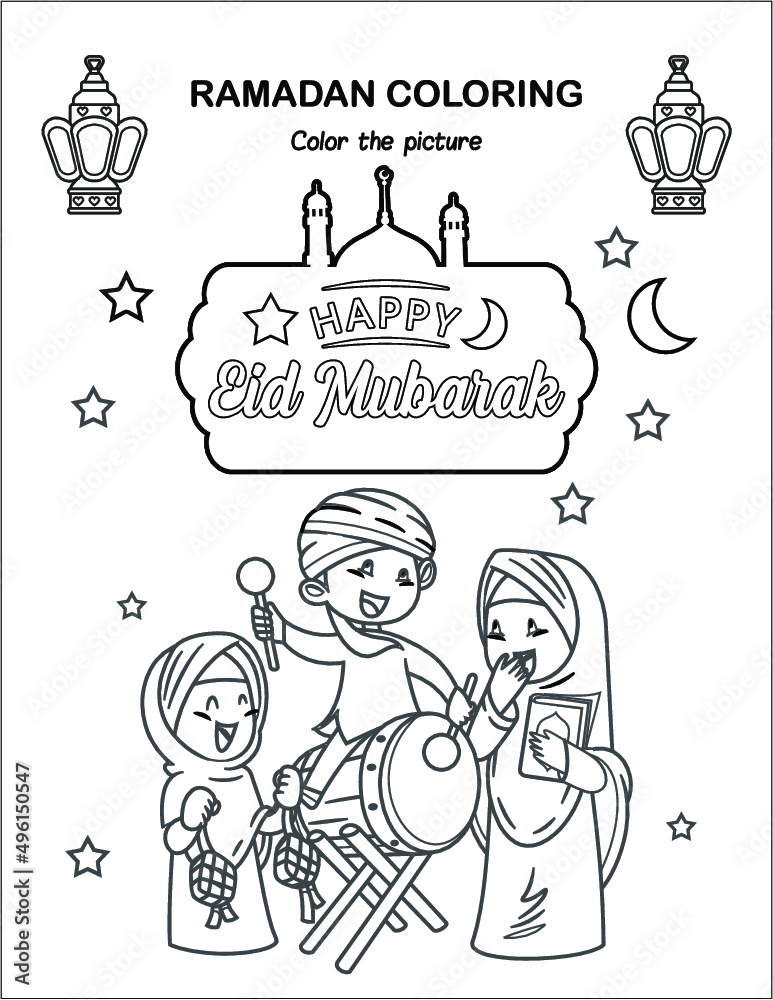 Happy eid mubarak elements ramadan children coloring book pages islamic month ramadan worksheet sketch outline black and white pages kids education vector illustration vector