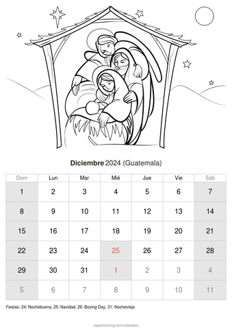 Calendario diciembre para imprimir guatemala