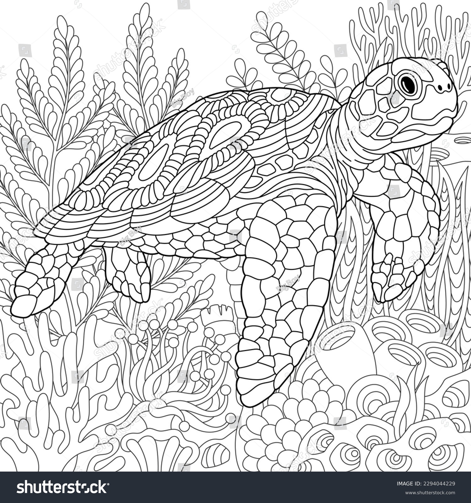Underwater scene turtle adult coloring book stock vector royalty free