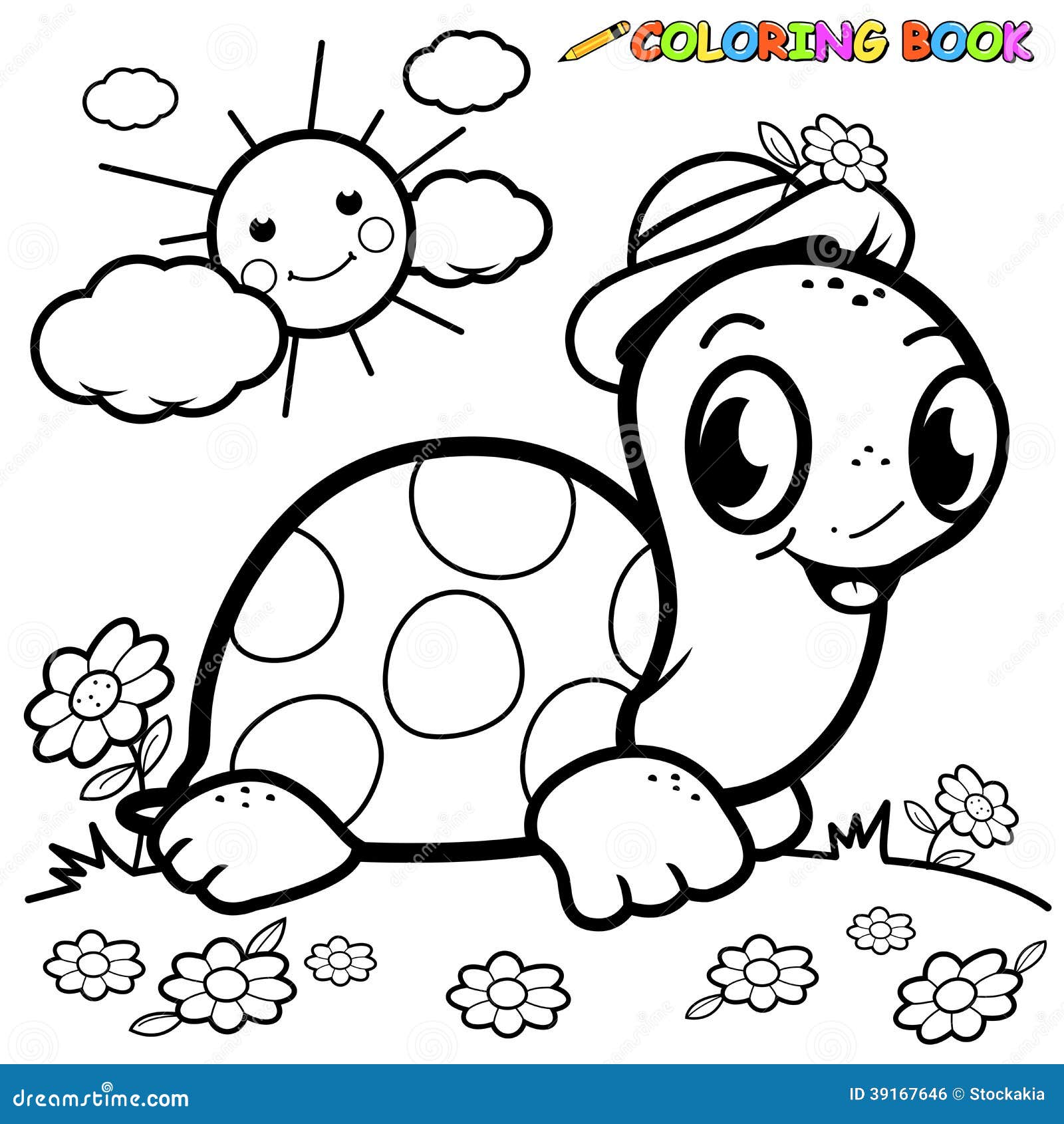 Turtle in the garden vector black and white coloring page stock vector