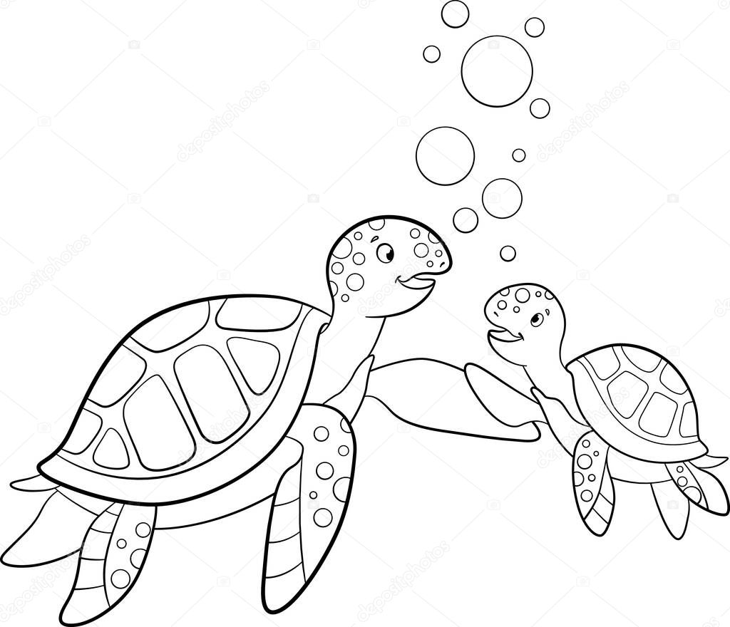 Pãgina para colorear madre tortuga marina nada con bebã lindo vector de stock de ya