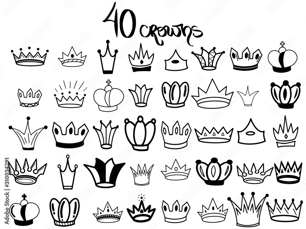 Crowns tiara diadem sketch hand drawn queen king sign royal imperial coronation symbol monarch majestic jewel princess illustration crown hat antique luxury jewerly coloring page book set illustration