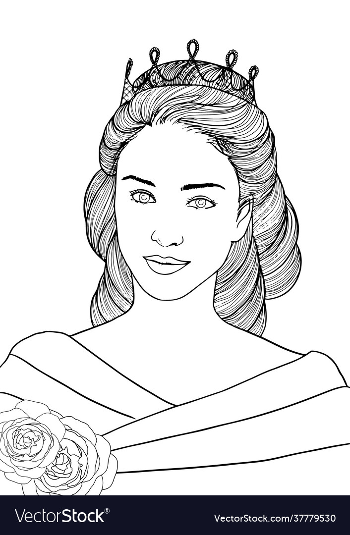 Smiling queen portrait coloring page royalty free vector