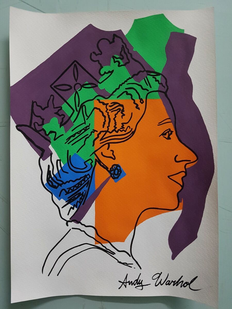 Andy warhol hand signed queen elizabeth ii watercolor on paper pop art
