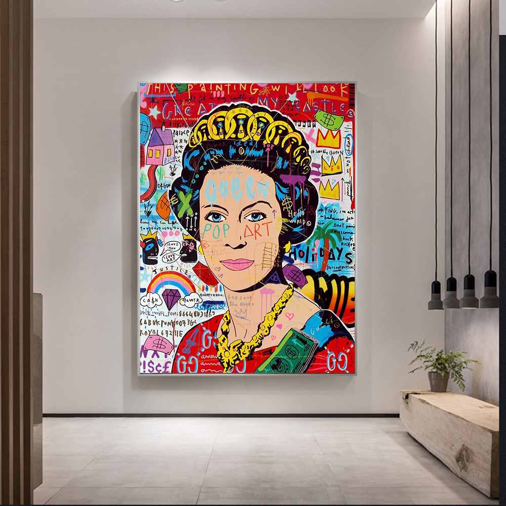 Graffiti queen elizabeth ii posters prints popular andy warhol masterpiece reproduction canvas painting wall art living room