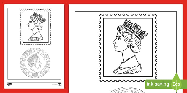 Queen elizabeth ii coin and stamp colouring page