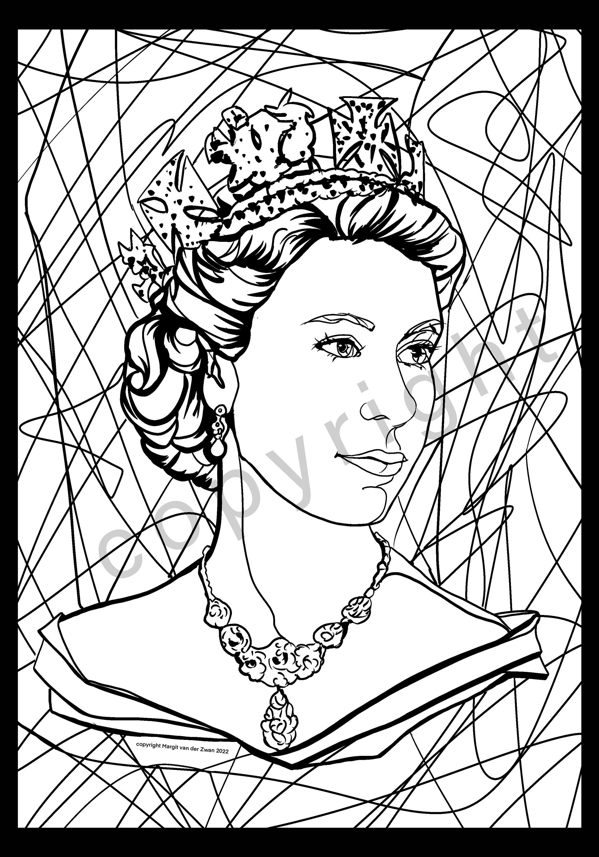 Download colouring sheet of queen elizabeth ii colour palette mindful colouring kids art therapy portrait black and white craft