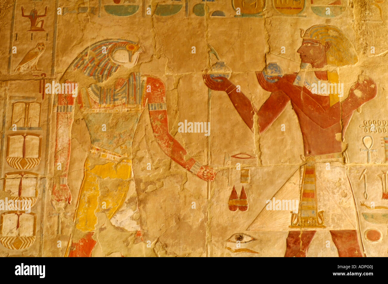 Hieroglyphics paintings and drawing at hatshepsut temple valley of the queens west bank luxor egypt stock photo