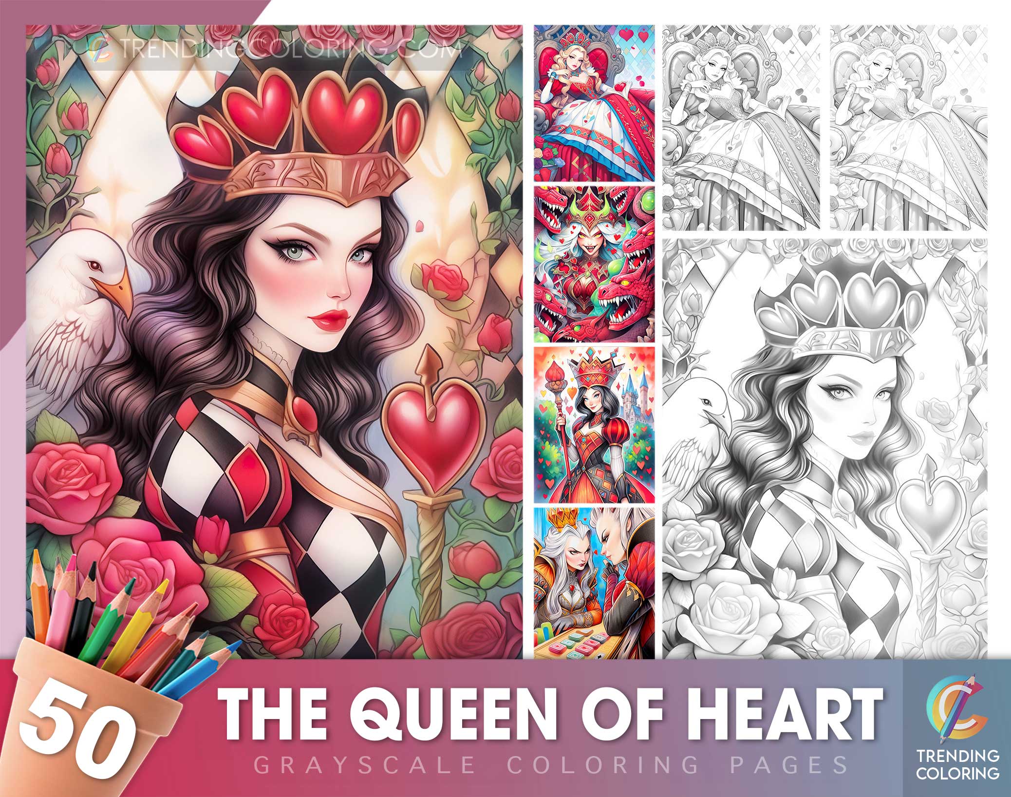 The queen of heart grayscale coloring pages