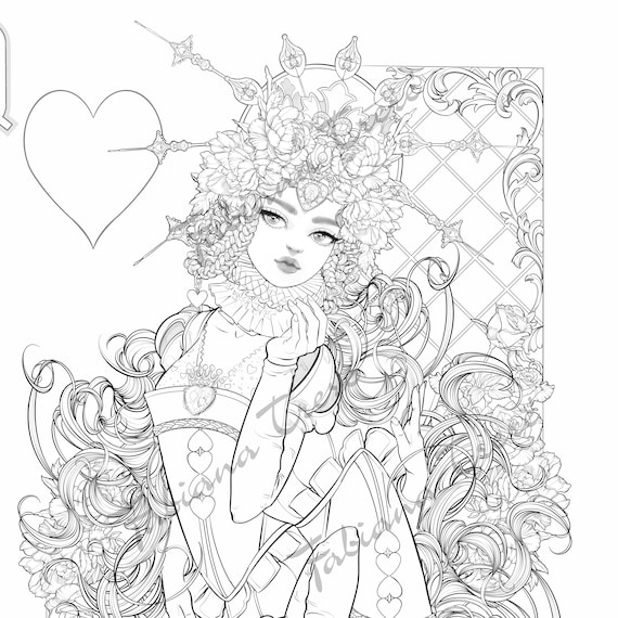 Queen of hearts digital stamp grayscale adult coloring page instant download fantasy fairytale line art playing card wonderland jpeg