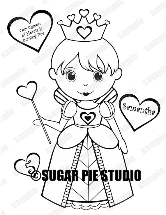 Personalized queen of hearts coloring page birthday party