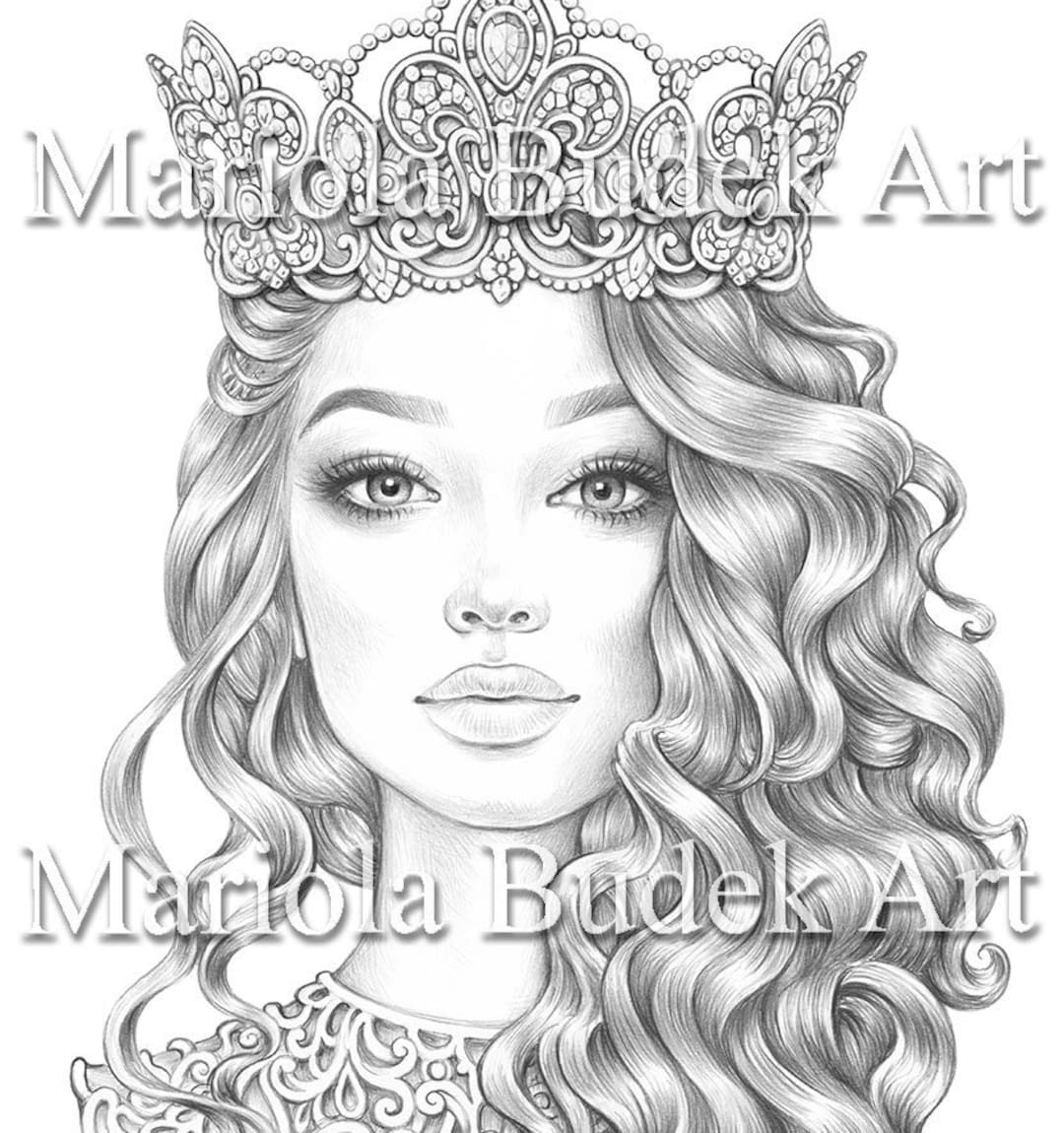 Queen mariola budek premium coloring page printable adult colouring pages book instant download grayscale illustration pdf download now