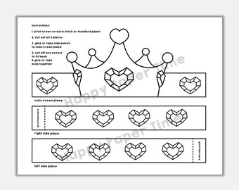 Heart princess paper crown party activity printable kids easy craft valentine sweet decor printable color pdf favor diy instant download