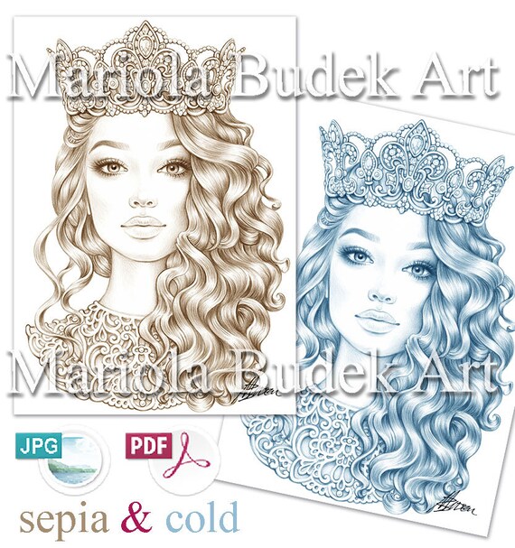 Queen mariola budek premium coloring page printable adult colouring pages book instant download grayscale illustration pdf download now