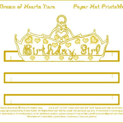 Birthday girl fabric font gold crown of hearts tiara coloring page party paper hat printable