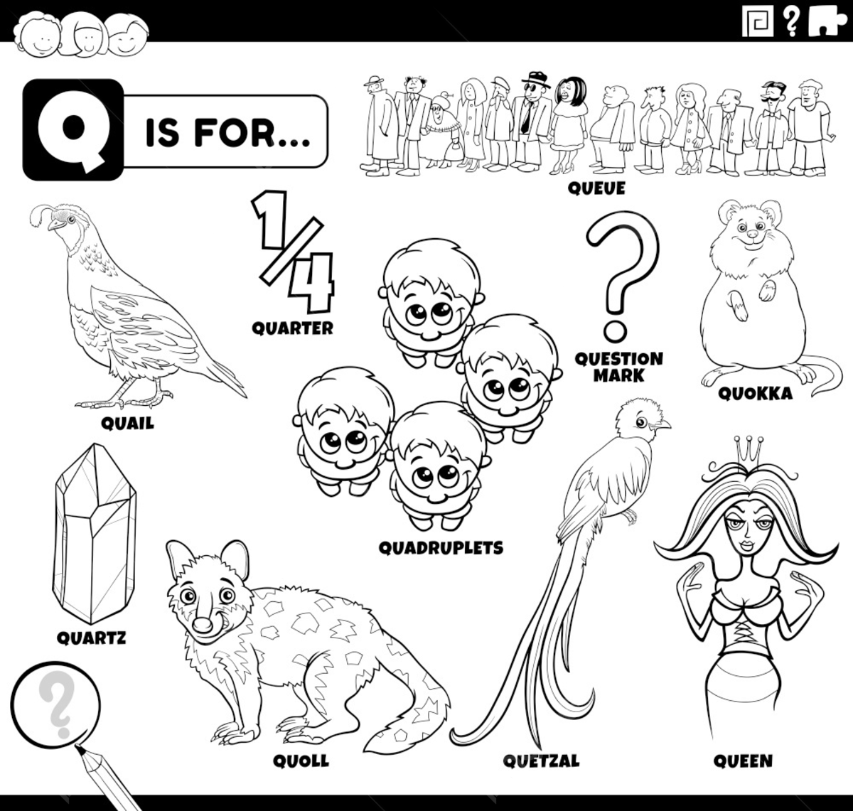 Black and white educational cartoon illustration for children with ic characters and objects set for letter q coloring book page template download on