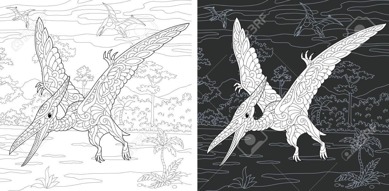 Coloring page coloring book dinosaur collection colouring picture with pterodactyl drawn in style antistress freehand sketch drawing vector illustration royalty free svg cliparts vectors and stock illustration image