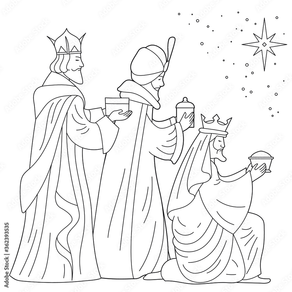 Bible coloring page nativity scene three wise kings card magi men bringing gifts to jesus christian religious illustration happy epiphany day line art design for coloring book vector vector de