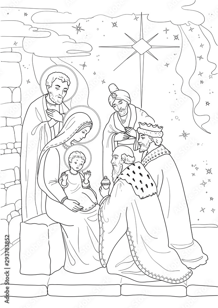 Christmas coloring page with baby jesus mary joseph three wise men black and white vector de
