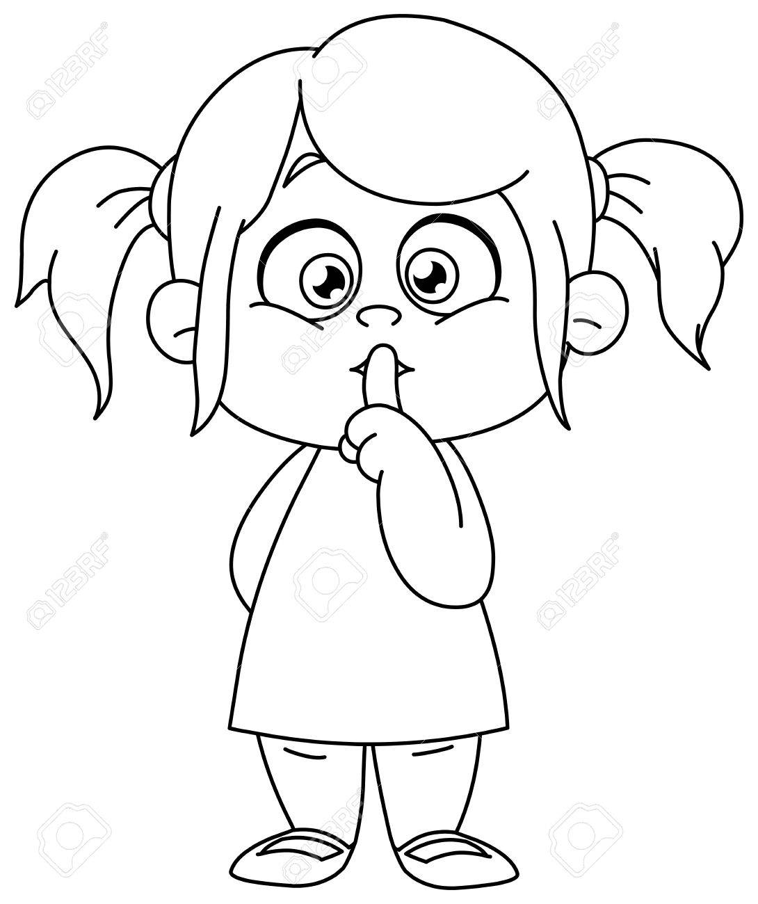Outlined young girl with finger on lips making the silence sign vector line art illustration coloring page royalty free svg cliparts vectors and stock illustration image