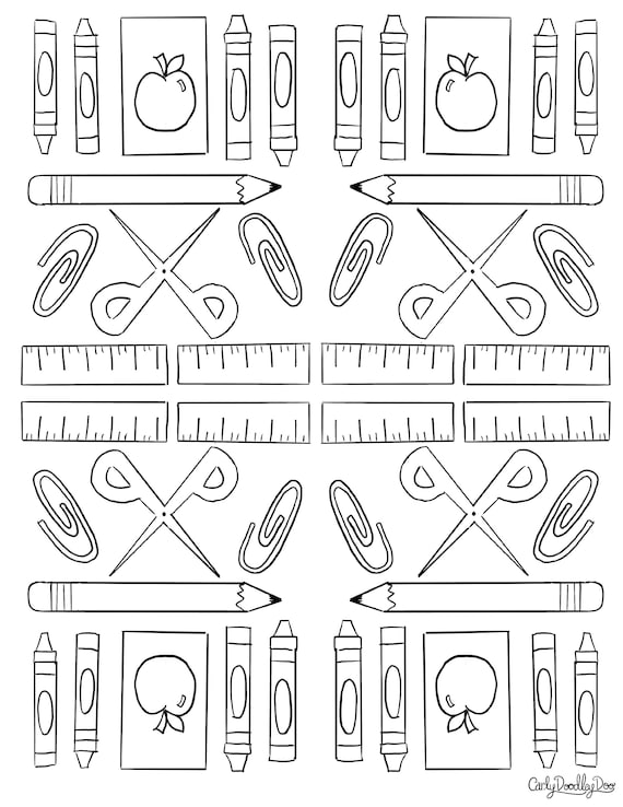 School supplies quadrant digital coloring page homeschool student quiet activity teacher gift