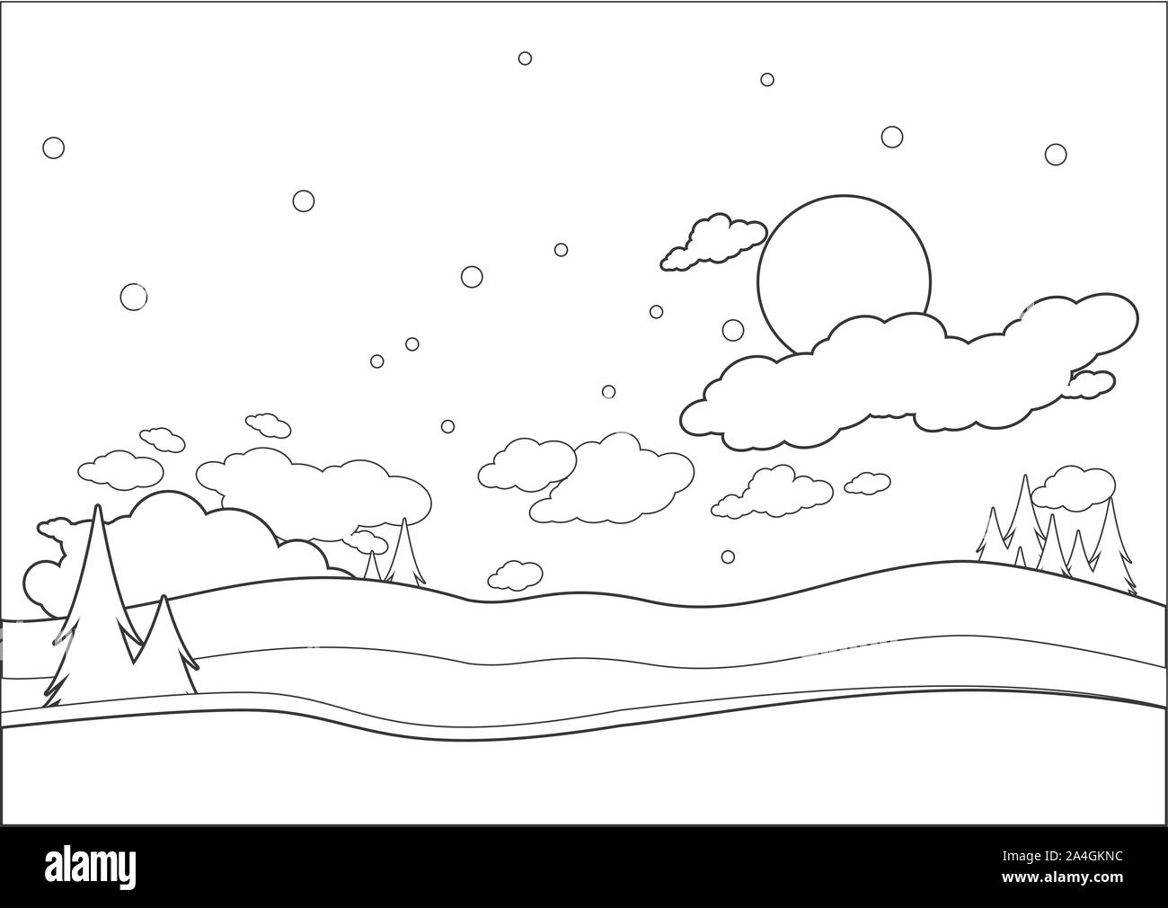 Winter landscape with trees in the snow field vector black and white coloring page stock vector image art
